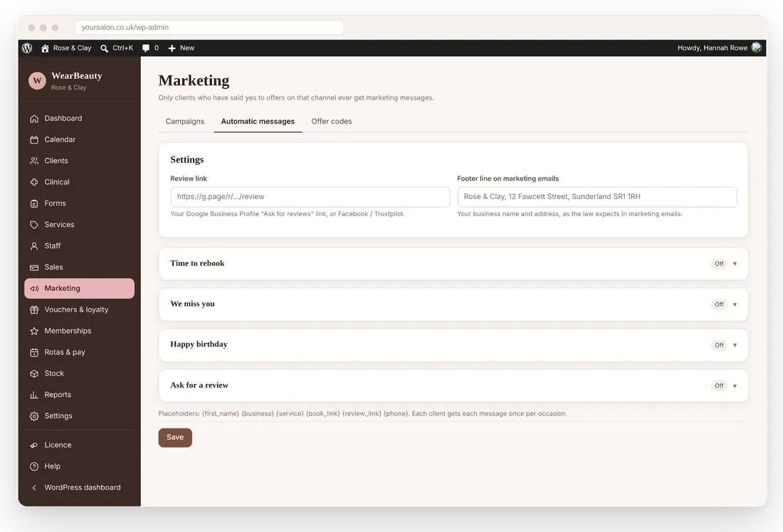 WearBeauty marketing automation screen
