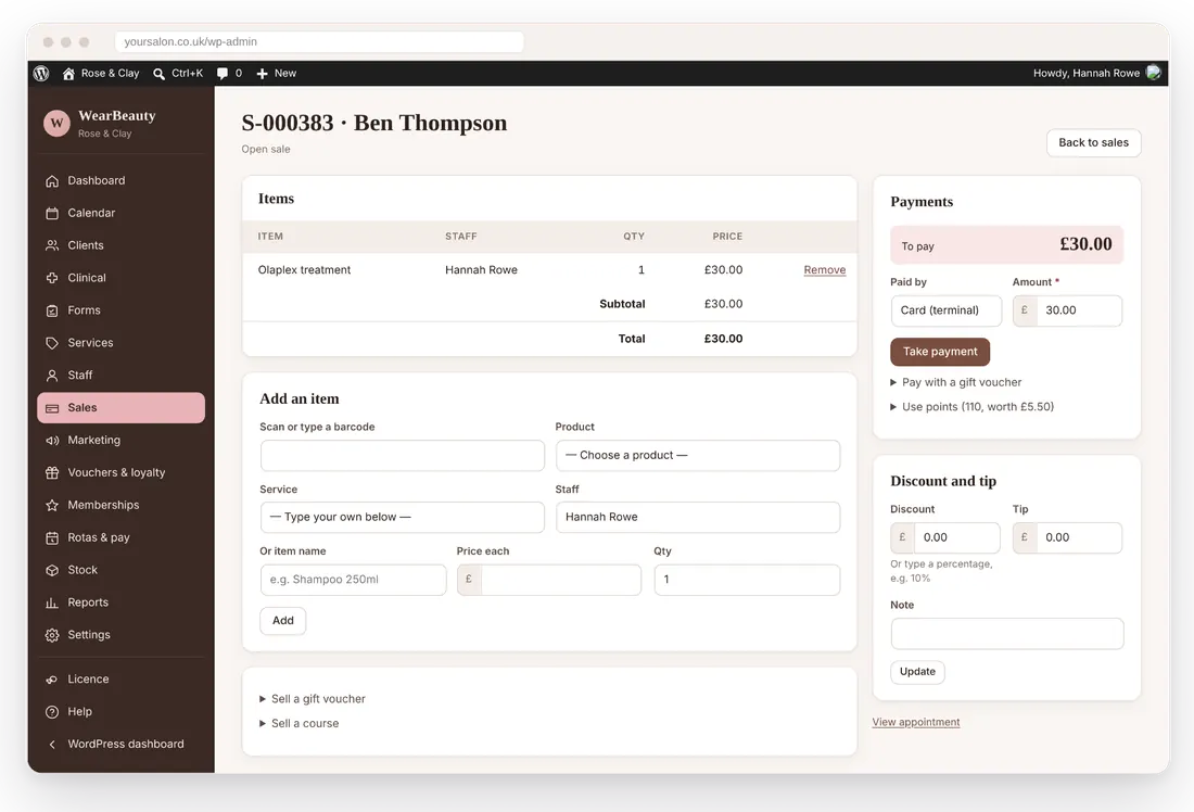 WearBeauty payments and sales screen
