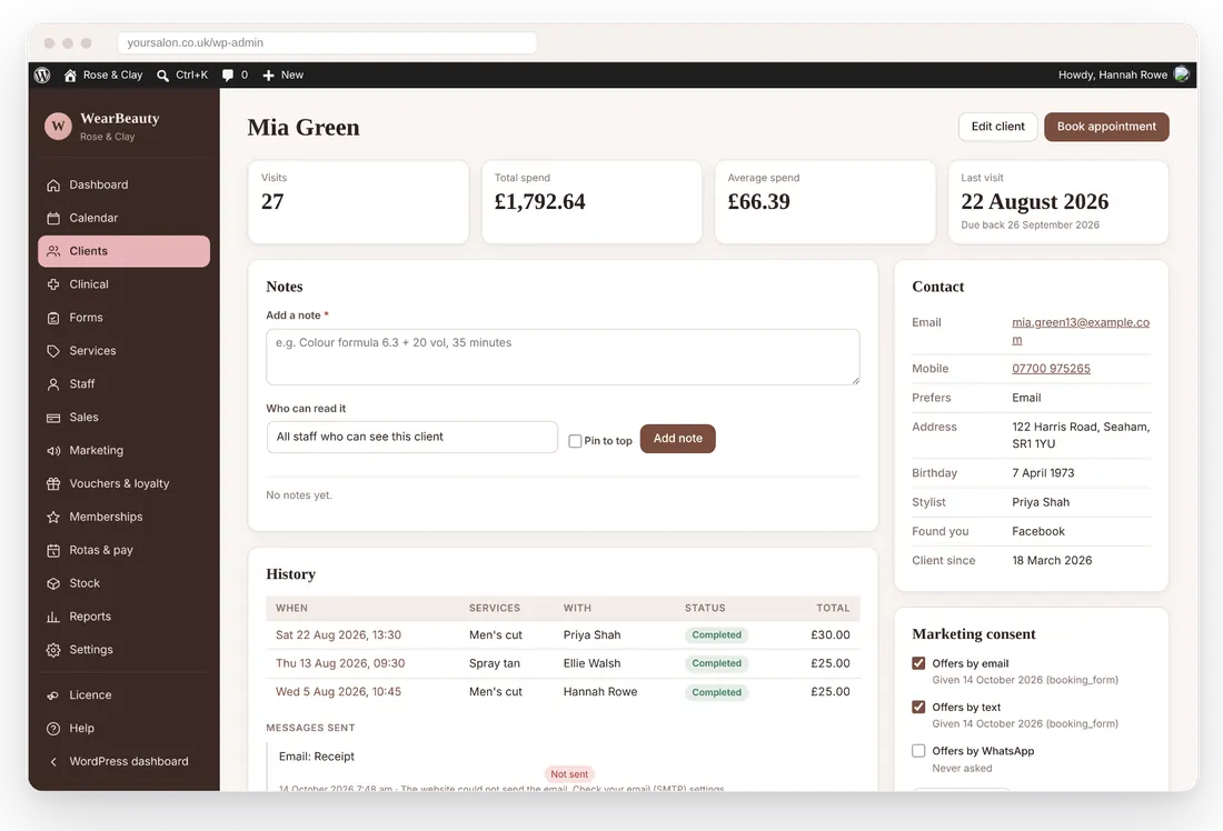 WearBeauty client management screen