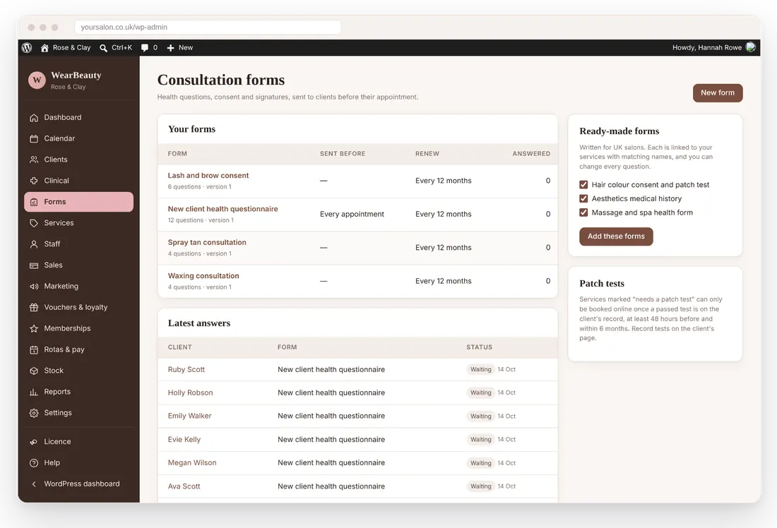 WearBeauty treatment records screen