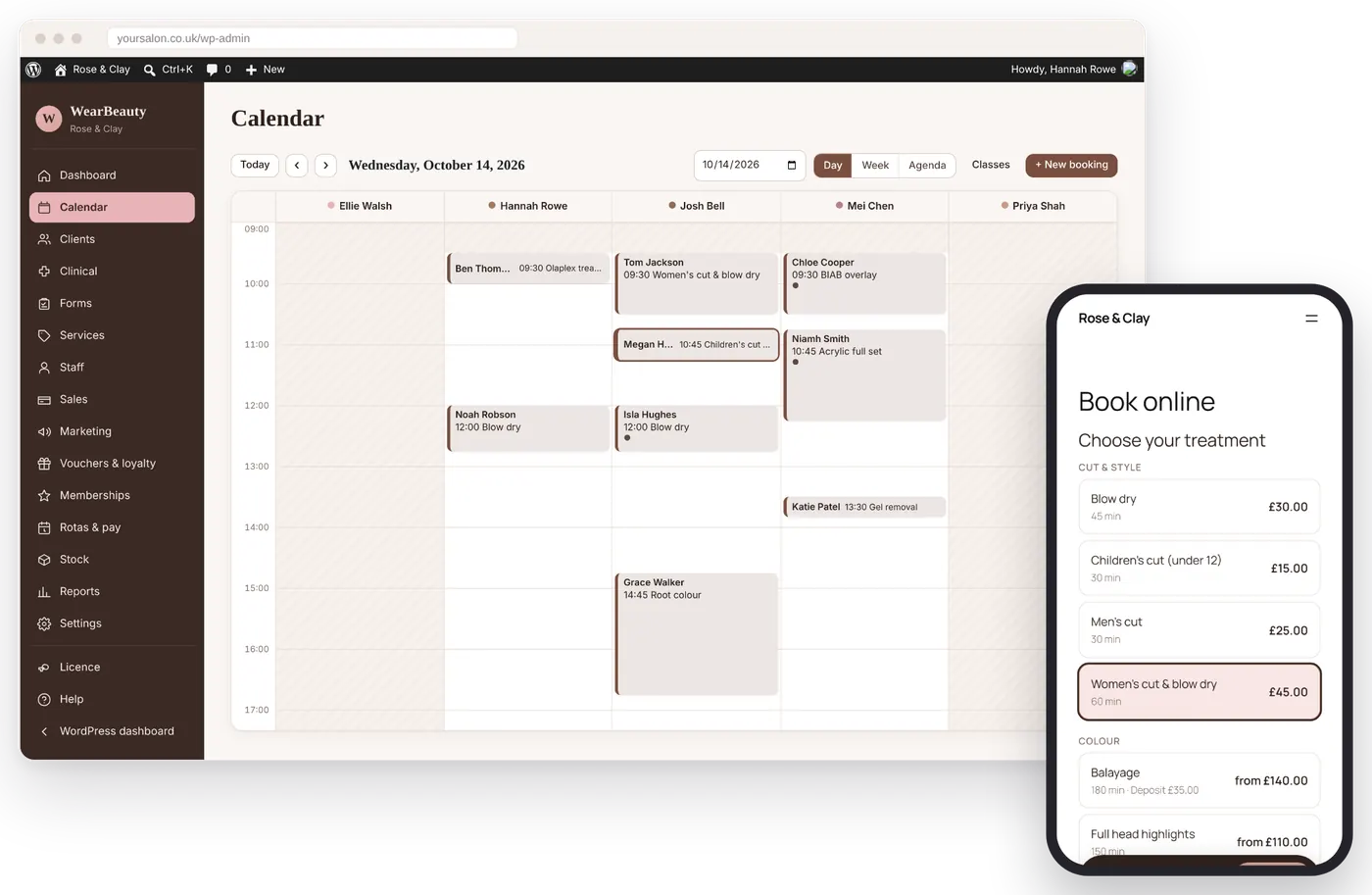 The WearBeauty appointment calendar for a demo salon, with the online booking page shown on a phone