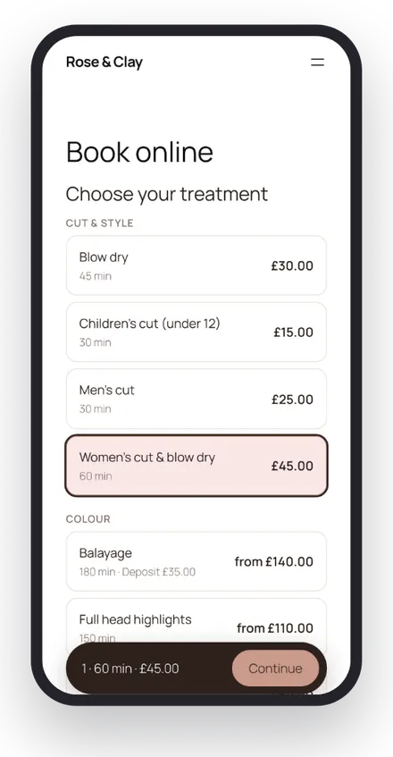 Booking step 1 on a phone: choosing treatments