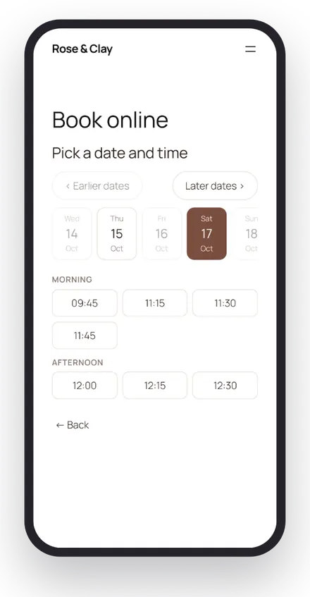 WearBeauty online booking screen for the Rose & Clay demo salon