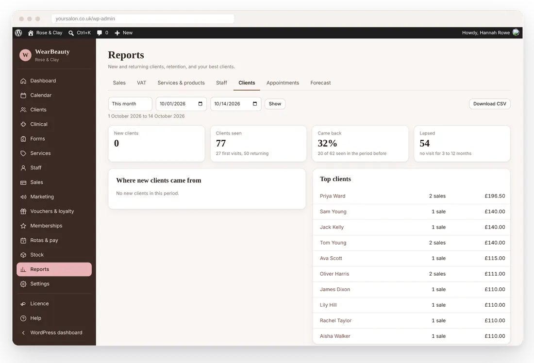 WearBeauty client report showing new and returning clients, the share who came back and top clients