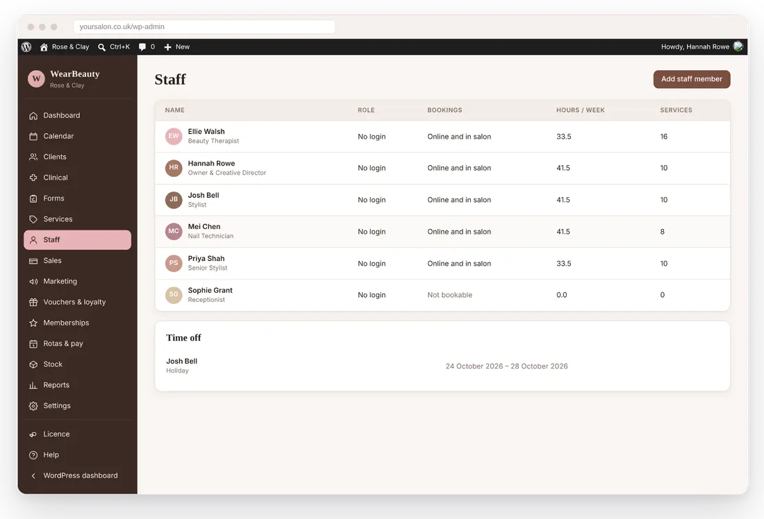 WearBeauty staff list with roles and services