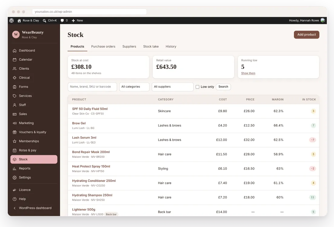 WearBeauty stock list with levels and low-stock warnings
